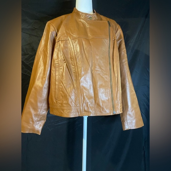 NWT, Michael Kors Women’s Luggage Brown all Leather Moto Jacket, plus size 3X - Picture 1 of 7